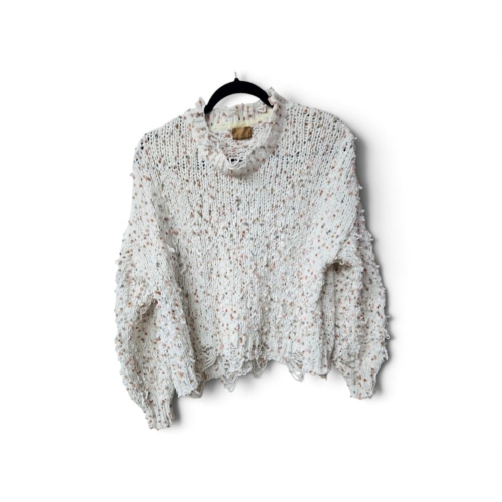 POL White Confetti Sweater Medium Popcorn Knit Distressed Mock Neck Boho Cozy